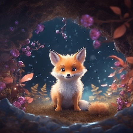 Cute small fox sitting in magic forest in the night. Flowers and lights at background. Kids book, cartoon, fairy tale style. Generative AIの素材