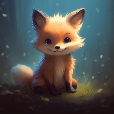 Cute small fox sitting in magic forest in the night. Flowers and lights at background. Kids book, cartoon, fairy tale style. Generative AIの素材