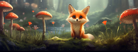 Cute small smilung fox sitting in magic forest in the night. Lights and mushrooms at background. Kids book, cartoon, fairy tale style. Banner. Generative AIの素材