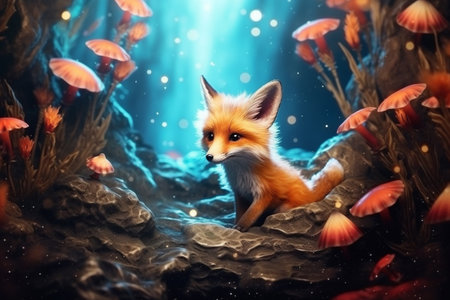 Cute small smilung fox sitting in magic forest in the night. Lights and mushrooms at background. Kids book, cartoon, fairy tale style. Generative AIの素材