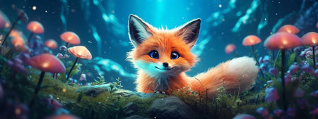 Cute small fox sitting in magic forest in the night. Flowers and lights at background. Kids book, cartoon, fairy tale style. Banner. Generative AIの素材