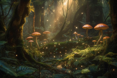 Magical dark fairy tale forest at night with glowing lights and magic mushrooms. Fantasy wonderland landscape with mushrooms. Amazing nature landscape. Illustration with AI generation.の素材
