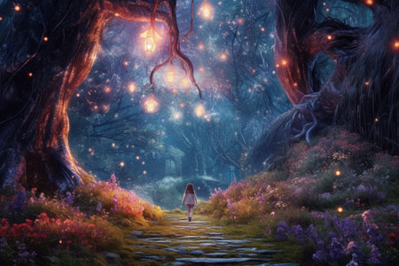 Magical dark fairy tale forest at night with glowing lights and mushrooms. Fantasy wonderland landscape with silhouette of single girl. Amazing nature landscape. Illustration with AI generation.の素材