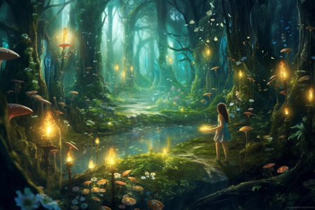 Magical dark fairy tale forest at night with glowing lights and mushrooms. Fantasy wonderland landscape with silhouette of single girl. Amazing nature landscape. Illustration with AI generation.の素材