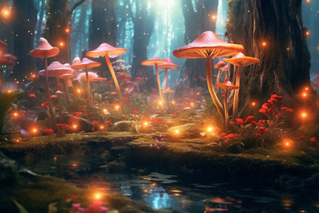 Magical dark fairy tale forest at night with glowing lights and magic mushrooms. Fantasy wonderland landscape with mushrooms. Amazing nature landscape. Illustration with AI generation.の素材