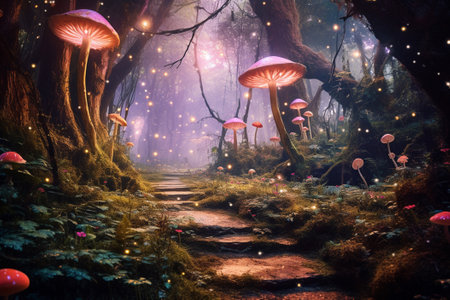 Magical dark fairy tale forest at night with glowing lights and mushrooms. Fantasy wonderland landscape with mushrooms. Amazing nature landscape. Illustration with AI generation.の素材