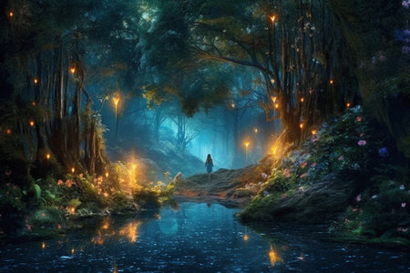 Magical dark fairy tale forest at night with glowing lights and mushrooms. Fantasy wonderland landscape with silhouette of single girl. Amazing nature landscape. Illustration with AI generation.の素材