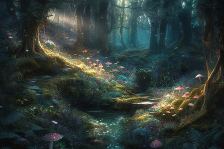 Magical dark fairy tale forest at night with glowing lights and magic mushrooms. Fantasy wonderland landscape with mushrooms. Amazing nature landscape. Illustration with AI generation.の素材