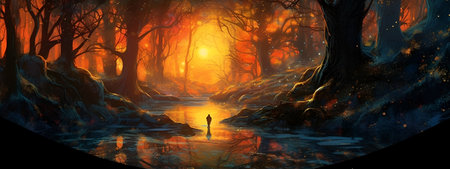 Mysterious forest and silhouette of man. Loneliness in the big world. Care for mental health. Fantastic landscape with forest and river. Illustration generated AI.の素材