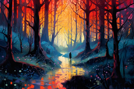 Mysterious forest and silhouette of man. Loneliness in the big world. Care for mental health. Fantastic landscape with forest and river. Illustration generated AI.の素材