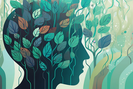 Illustration of female head with plants. Mindfulness and self care idea. Generative AI.の素材