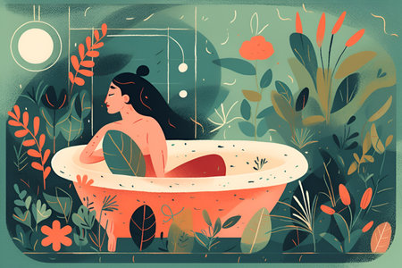 Mindfulness and self care idea. Colorful illustration of happy woman. Mental health and creative abstract concept. Generative AI.の素材