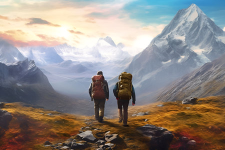 Active middle aged couple standing with mountains in background. Middle age man and senior woman hiking with the help of hiking poles. active lifestyle. Generative AIの素材
