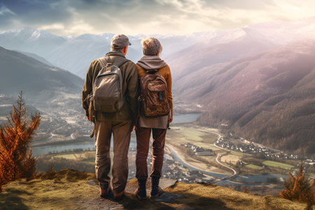 Active middle aged couple standing with mountains in background. Middle age man and senior woman hiking with the help of hiking poles. active lifestyle. Generative AIの素材