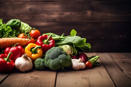 Fresh vegetables on dark wooden table. Health eating. view from above. Space for copy. Generative AI.の素材