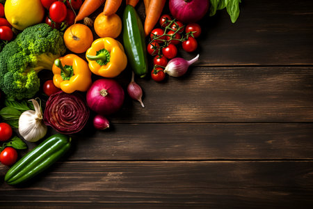 Fresh vegetables on dark wooden table. Health eating. view from above. Space for copy. Generative AI.の素材