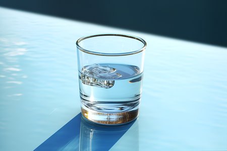 Cold glass of drinking water with ice on a wooden table against the background of nature. Genetative AIの素材