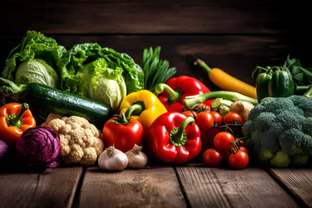 Photo for Fresh vegetables on dark wooden table. Health eating. view from above. Space for copy. Generative AI. - Royalty Free Image