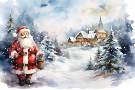 Santa Claus against Christmas background with fir-trees and wooden house. Winter season with snow outdoor. Watercolor illustration for postcard, design, print or backgroundの素材
