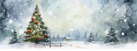 Beautiful decorated Christmas tree with gifts boxes in winter landscape with snow. Winter holiday card. Watercolor illustration for design, print or background. Banner. Copy spaceの素材