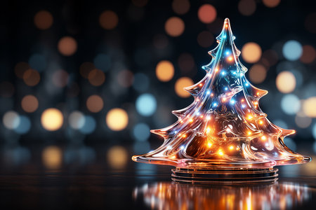 Shiny Christmas tree from colorful glass against bokeh lights on black background. Festive card with free space. Winter design for website, print, backdrop. Bannerの素材