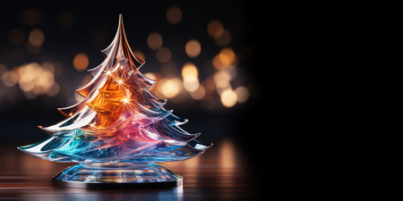 Shiny Christmas tree from colorful glass against bokeh lights on black background. Festive card with free space. Winter design for website, print, backdrop. Bannerの素材