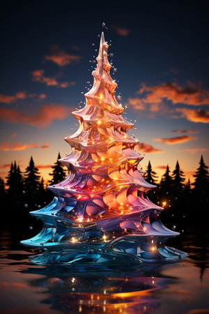 Colorful shiny Christmas tree from glass and abstract bokeh lights on black background. Winter desing for card, print, backdropの素材