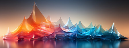 Beautiful abstract background. Transparent multi-colored glossy glass waves or mountains. Copy space. Iridescent design element for banner background, wallpaper.の素材