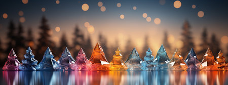 Colourful Christmas backdrop. Stylized multi-colored glass spruces. Festive card with free spacy. Winter desing for website, print, background. Bannerの素材