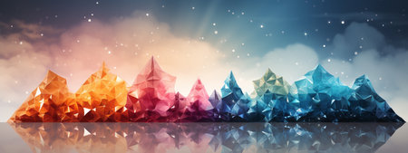 Beautiful abstract background. Transparent colorful glass waves or mountains with bokeh lights. Copy space. Iridescent design element for banner background, wallpaper.の素材