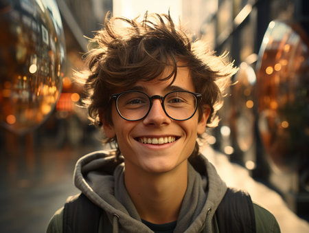 Colorful portrait of smiling happy teenager boy in glasses close up. Mental Health in Youth. Creative abstract concept about teenagers and young people. Copy space.の素材