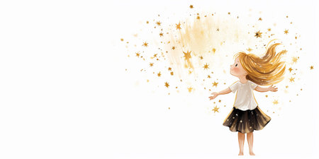Beautiful cute little girl in cloud of magical sparkles. Fairy tale illustration for card, website, wallpaper, background. Christmas time, festive or birthday theme. Banner. Copy spaceの素材