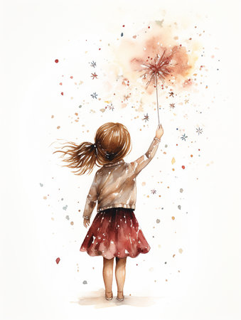 Beautiful sweet little girl in dress in glowing cloud of magical dandelion sparkle. View from back. Fairy tale vertical illustration for card, website, wallpaper, backgroundの素材