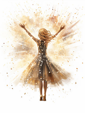 Beautiful sweet little girl in dress in glowing cloud of magical golden sparkle. View from back. Fairy tale vertical illustration for card, website, wallpaper, backgroundの素材