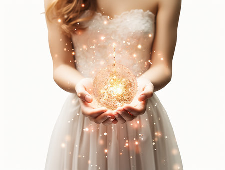 Woman holding glowing ball in hands closeup on sparkle backdrop. New Year, Christmas, festive, fairy tale, carnival image. Background, mood, scenery. Copy spaceの素材