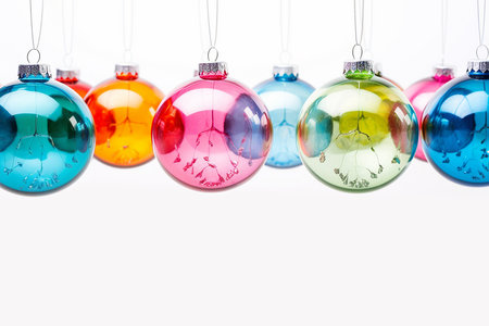 Christmas colorful balls transparent glass hanging on white background. Winter and New Year holiday xmas decoration. Banner. Copy space for text.の素材
