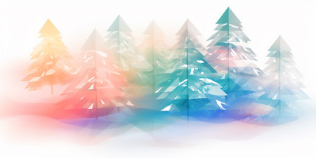 Colorful transparent christmas trees on white background. Texture background of New Year celebration. Illustration. Banner. Copy space.の素材
