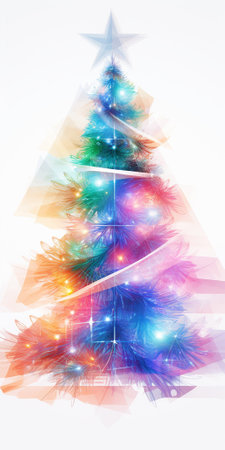 Colorful transparent christmas tree on white background. Texture backdrop of New Year celebration. Illustrationの素材
