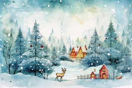 Watercolor winter festive landscape. Christmas village houses with snow spruce forest. Holiday illustration for card design, print.の素材