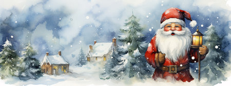 Santa Claus on snow landscape. Christmas watercolor illustration for winter postcard, design, print or background. Banner. Copy spaceの素材
