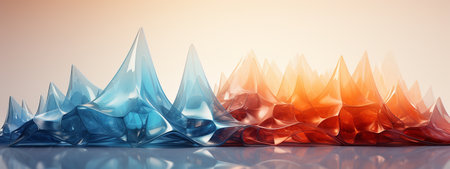 Beautiful abstract background. Transparent colorful glossy glass waves or mountains. Copy space for your text. Iridescent design element for banner background, wallpaper.の素材