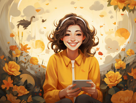 Colorful illustration of smiling teen girl with gadget. Mental Health in Youth. Creative abstract concept about teenager.の素材