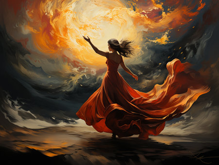 Beautiful woman dancing in red dress. Mental Health Art Therapy. Healing power of artistic expression. Impact of art dance processing on emotional state.の素材