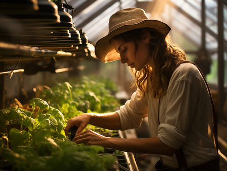 Caucasian young woman working in organic farm greenhouse. Female farmer in hat growing for organic plants in the nursery. Eco-friendly agriculture. Sustainable farming practicesの素材