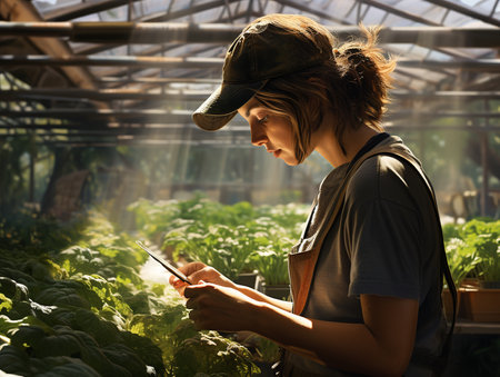 Caucasian young woman working in organic farm greenhouse. Female farmer growing for organic plants in the nursery. Eco-friendly agriculture. Sustainable farming practicesの素材
