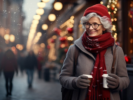 Happy elderly woman with cup of coffee walking in city street at Christmas time. Festive light bokeh at backdrop. Aging with dignity. Older people leading an active and fulfilling life. Free spaceの素材