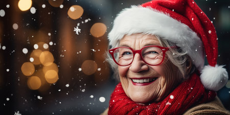 Happy old good-looking woman in santa hat walking in city. Christmas time.Festive light bokeh at backdrop. Aging with dignity. Older people leading an active and fulfilling life. Banner, copy spaceの素材