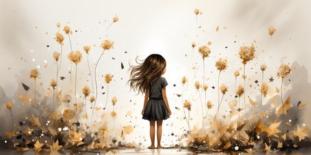 Beautiful sweet little girl in abstract garden of magical flowers. View from back. Fairy tale illustration for card, website, wallpaper, background. Bannerの素材