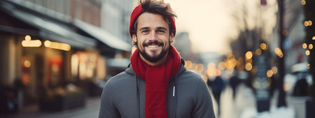Handsome joyful man standing in decorated Christmas city. Close up portrait of male in santa hat. Winter and New year holidays. Banner, copy space for textの素材