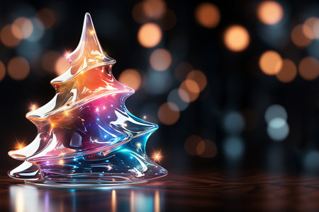 Shiny Christmas tree from colorful glass against bokeh lights on black background. Festive card with free space. Winter design for website, print, backdrop. Bannerの素材